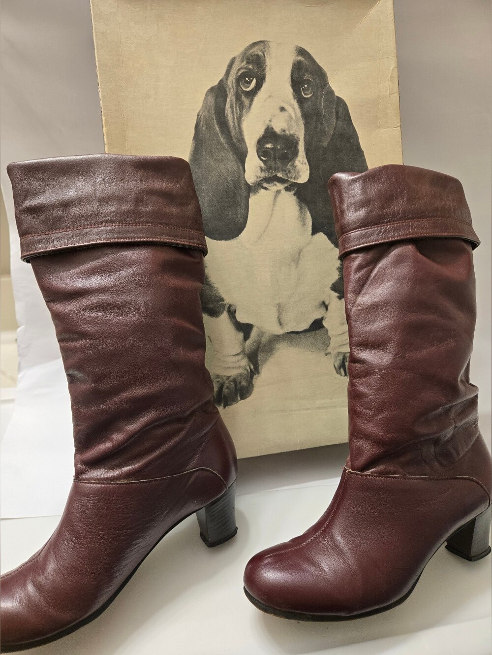 Vintage Burgundy Hush Puppies Leather Mid-Calf Heeled Boots